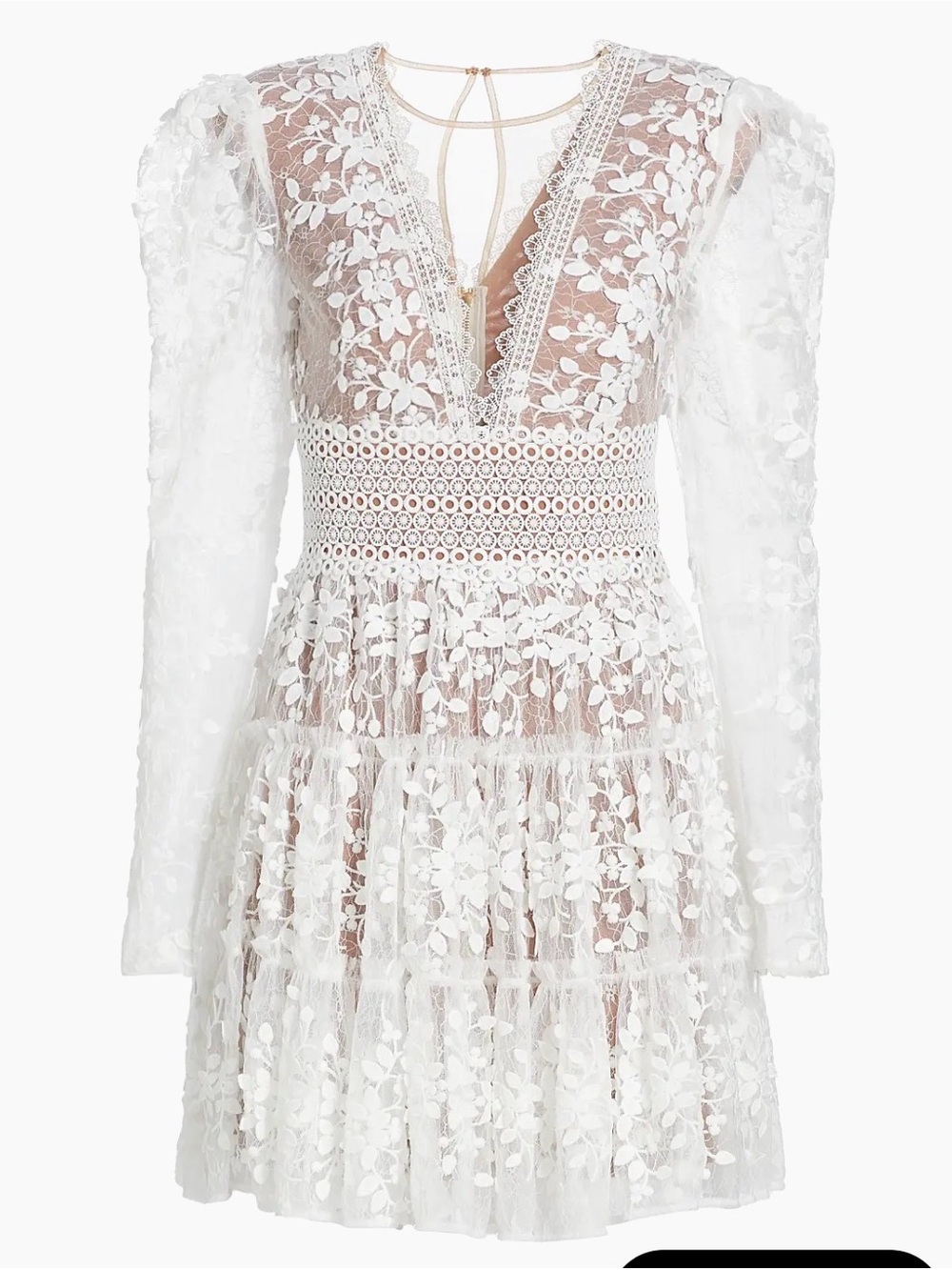 Bronx and Banco White Floral Lace V-Neck Long Sleeve Mini Dress - Picture 4 of 5